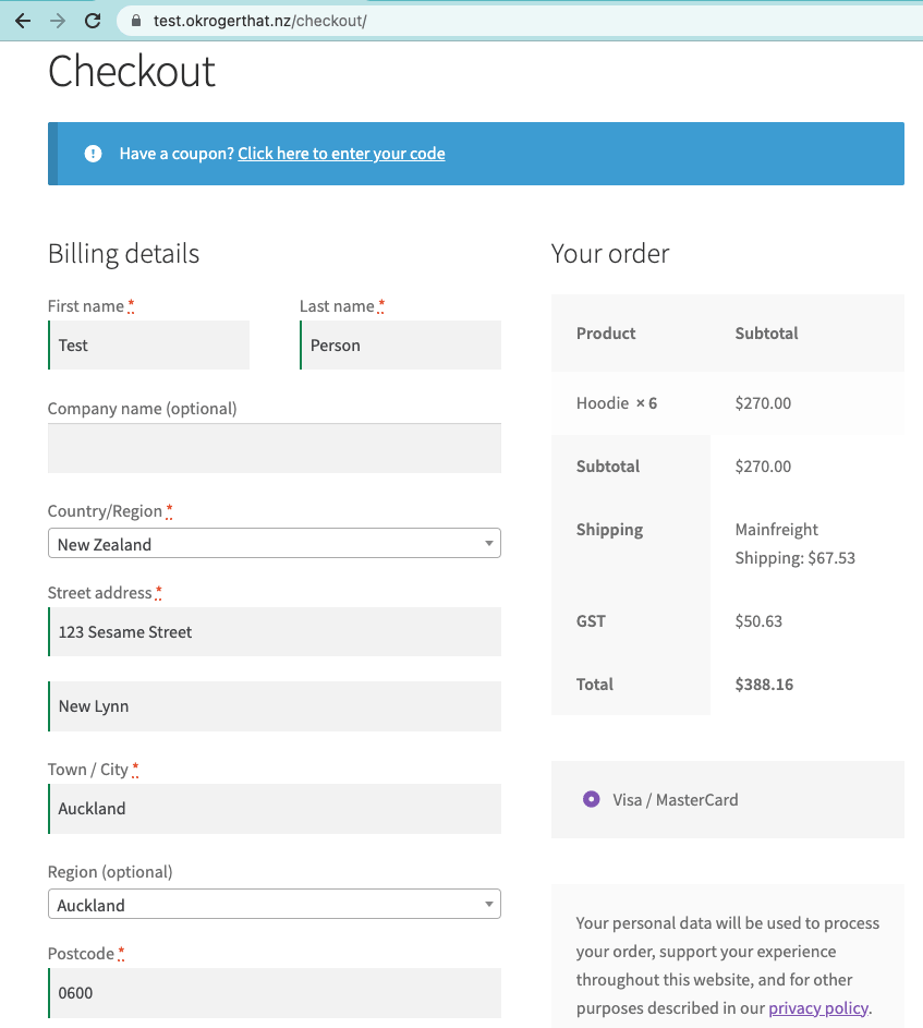 Checkout with Mainfreight Shipping amount added